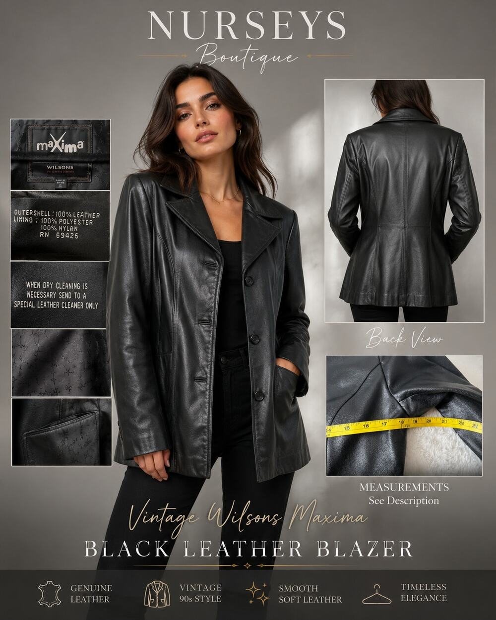 Vintage Maxima Wilsons Black Leather Blazer Jacket Small